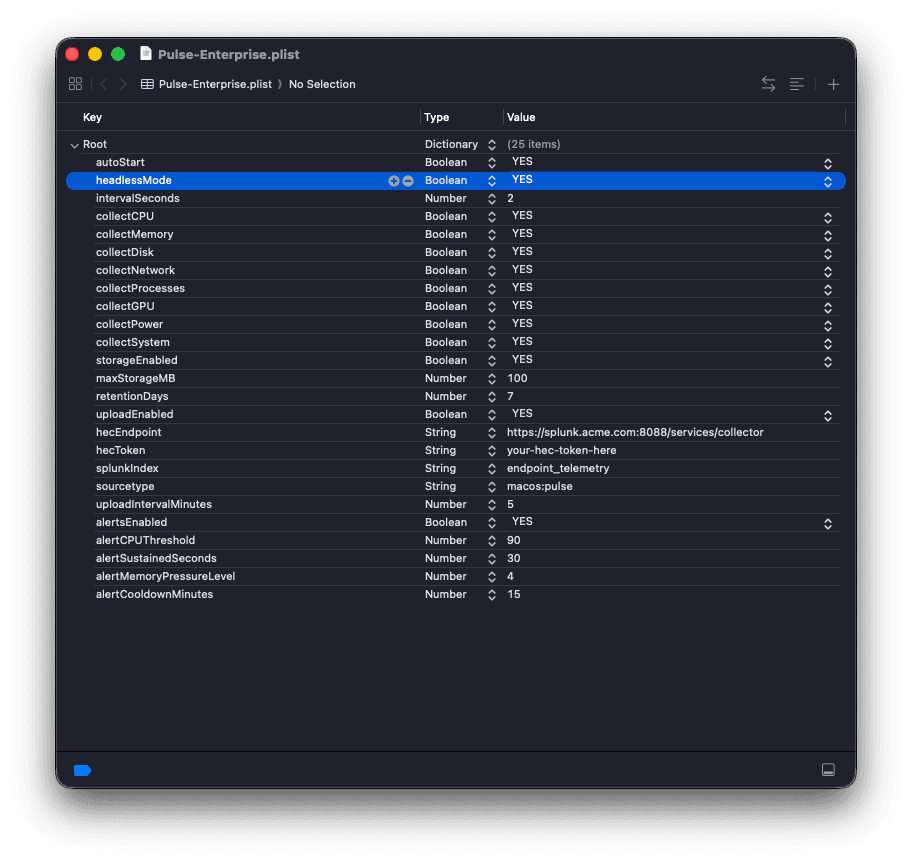 Pulse Endpoint enterprise plist configuration with headless mode enabled