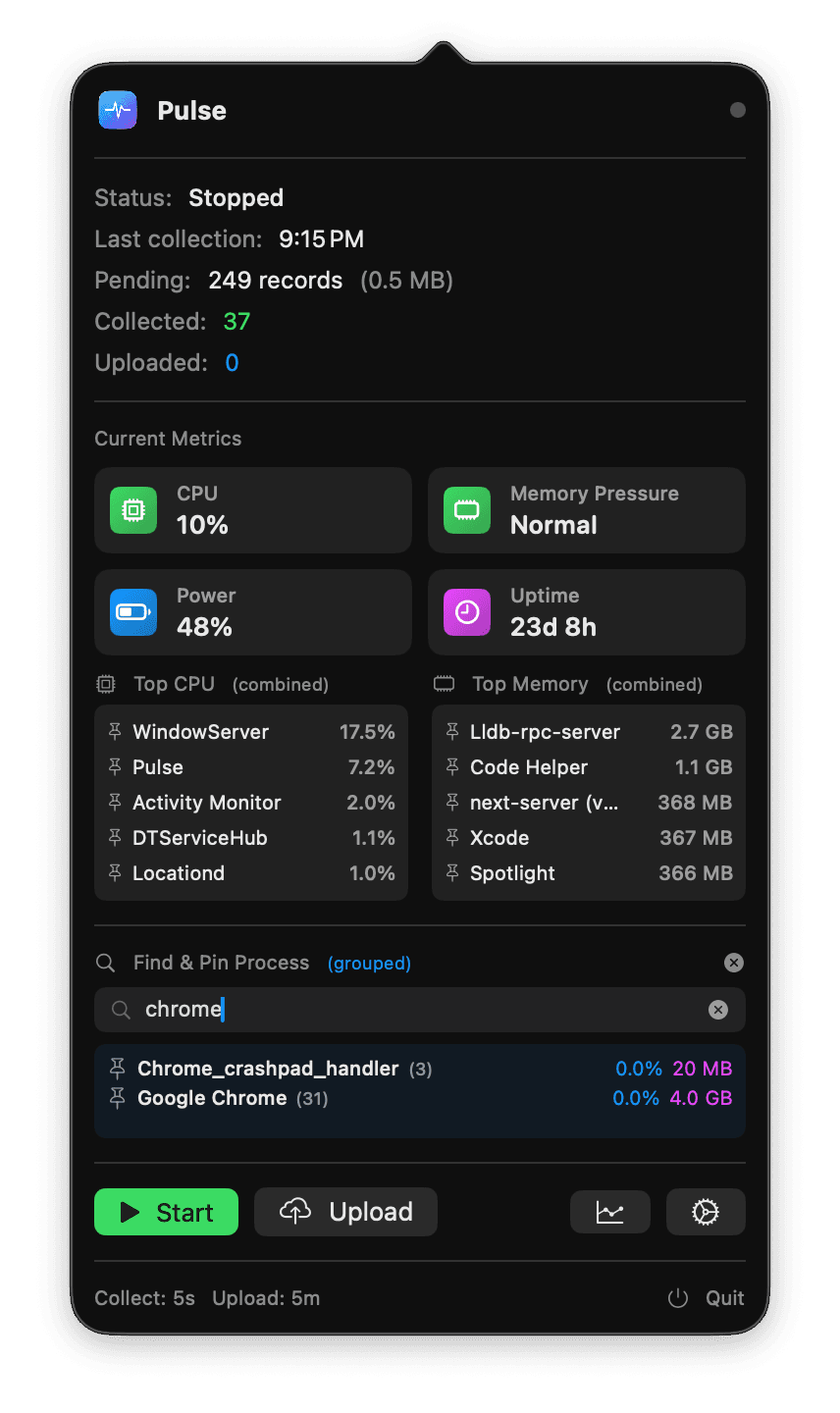 Pulse Endpoint Menu Bar — process monitoring